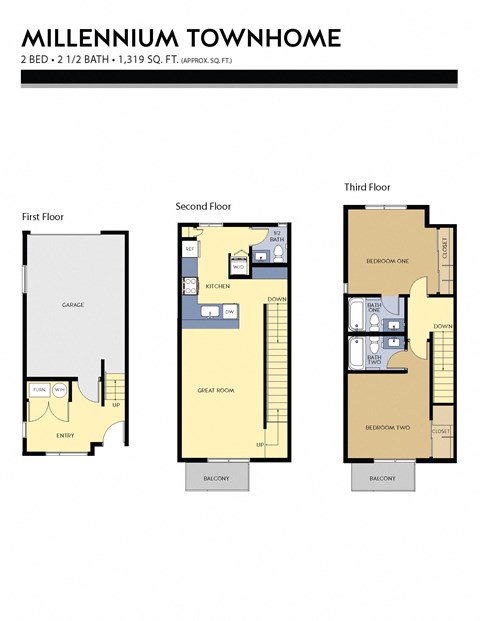 Floor plan for 2 beds, 2.5 baths, 1319 sqft